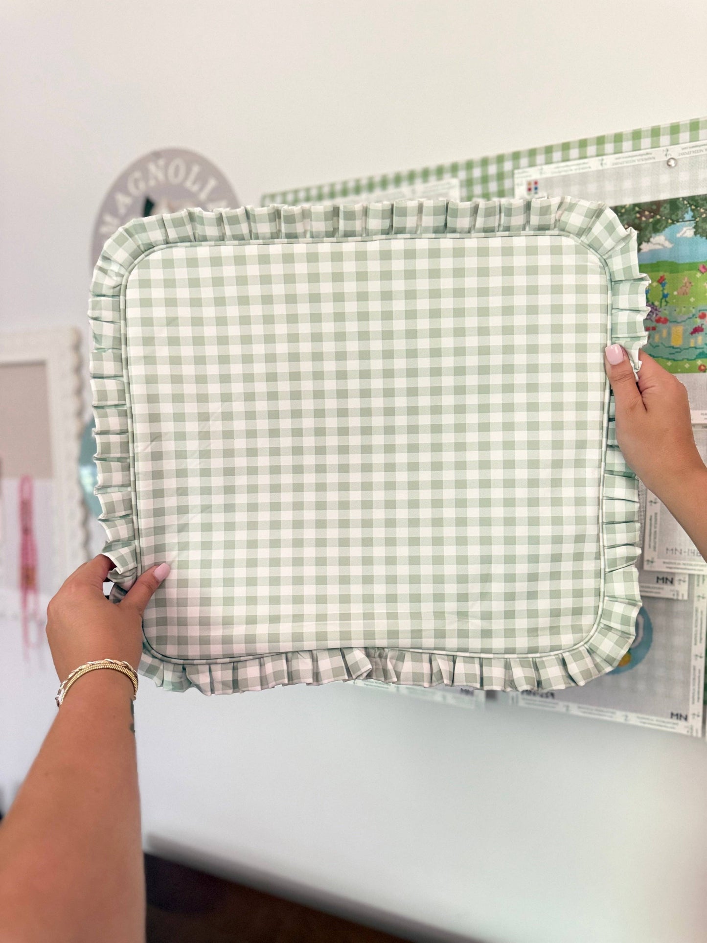 Sage Green Gingham Ruffle Carry-all Project Bag