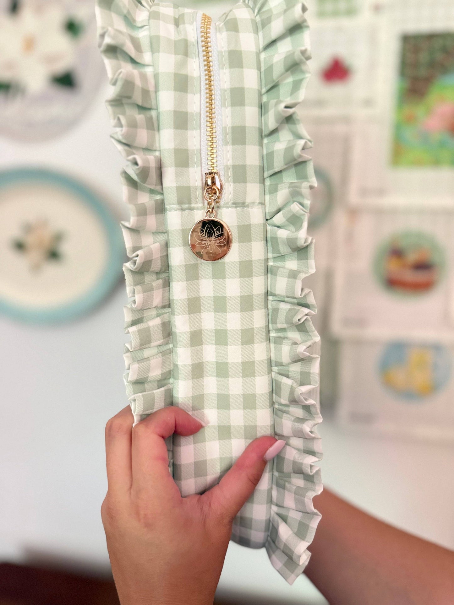 Sage Green Gingham Ruffle Carry-all Project Bag