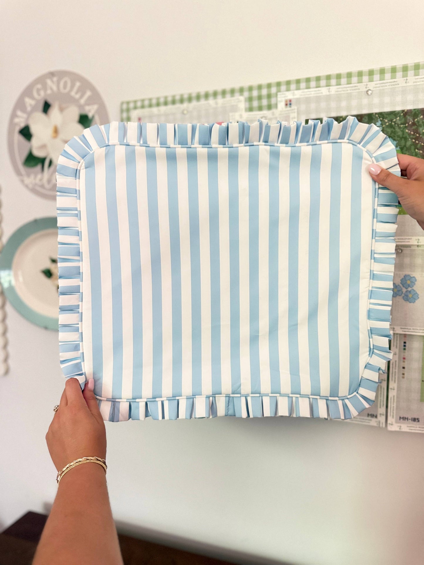 Light Blue Stripe Ruffle Carry-all Project Bag