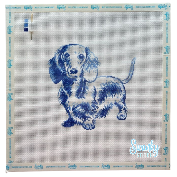 Vintage Blue Toile Long-Haired Dachshund