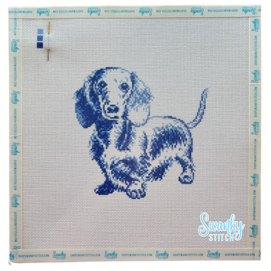Vintage Blue Toile Long-Haired Dachshund