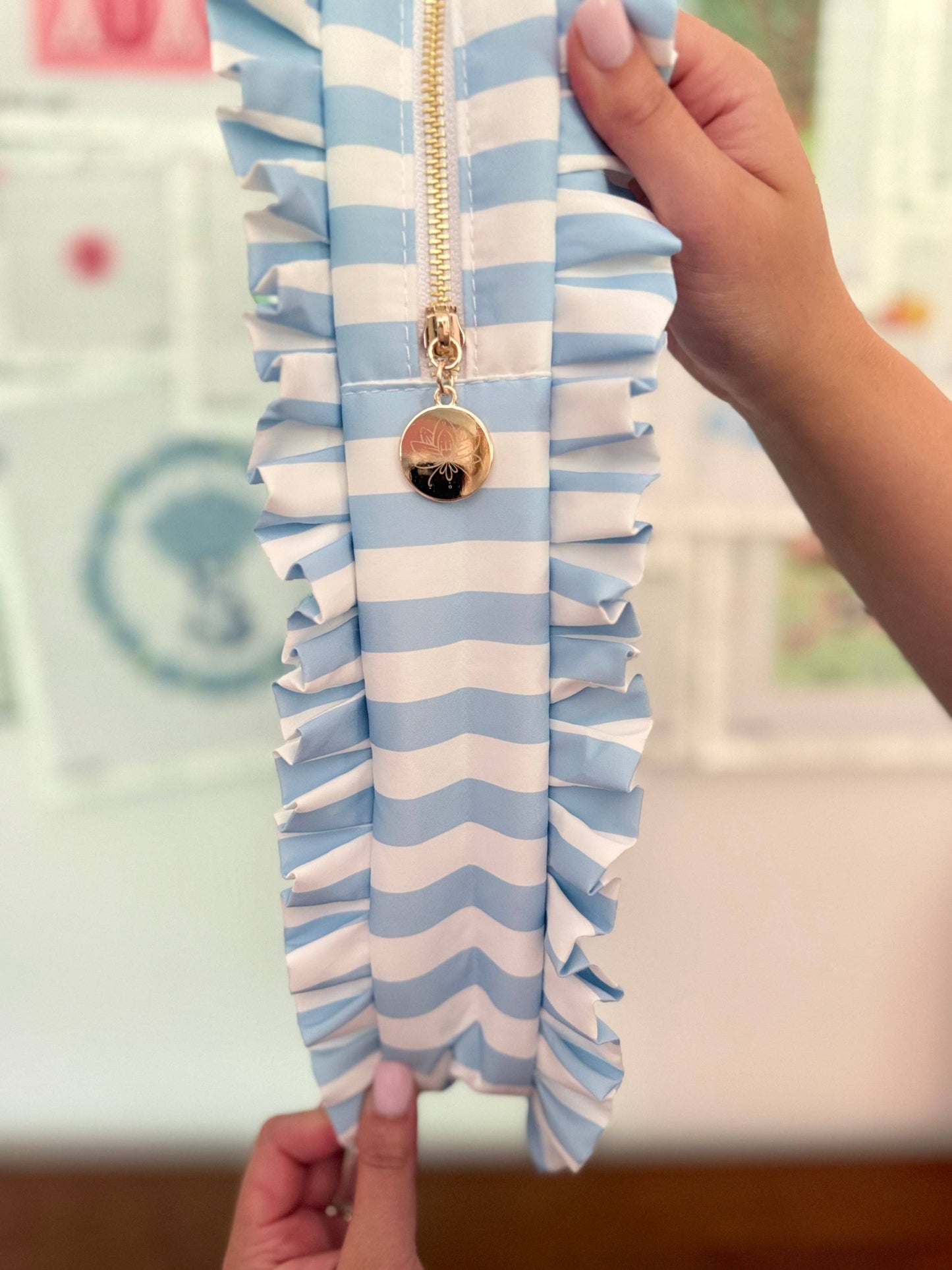 Light Blue Stripe Ruffle Carry-all Project Bag