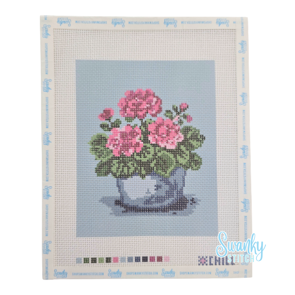 Pink Geraniums in Blue Vase