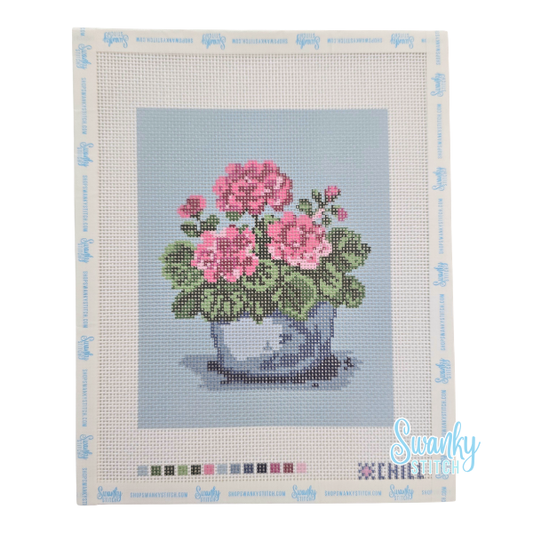 Pink Geraniums in Blue Vase